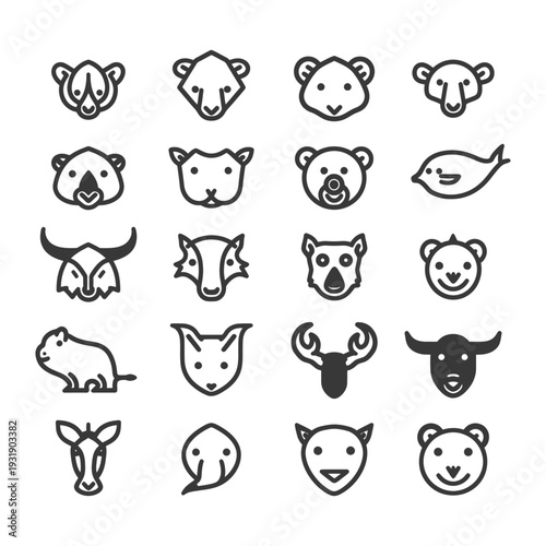 Set of 18 Simple Animal Head Icons