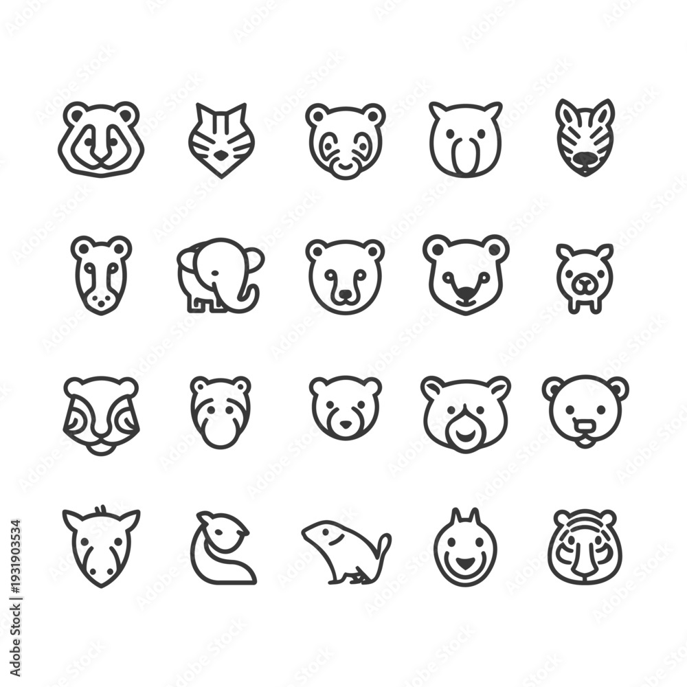 Fototapeta premium Set of 20 Animal Head Icons in Black and White Line Style