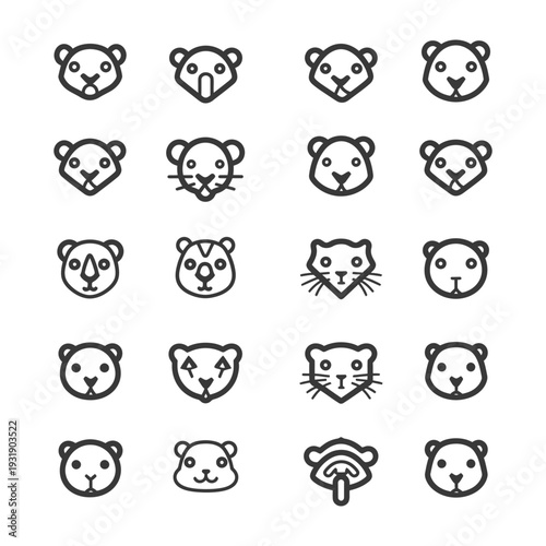 Set of 20 Animal Head Icons with Line Art Style
