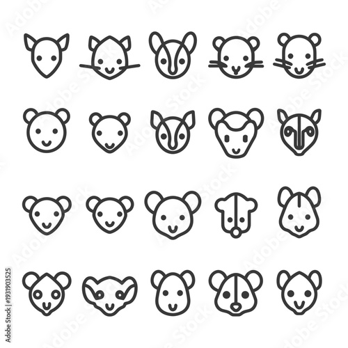 Set of 20 Animal Face Icons in Outline Style