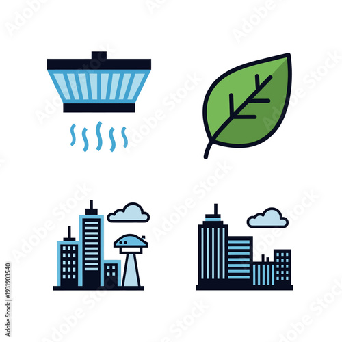 Eco-friendly city icons with air purifier and leaf.