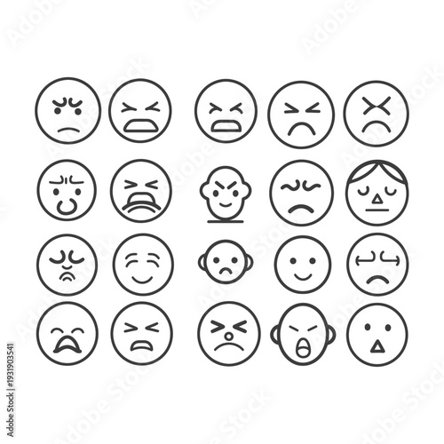 Set of 20 Black and White Line Drawn Emojis with Negative Expressions