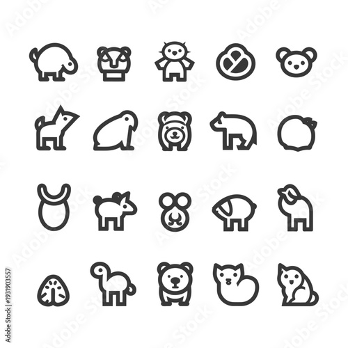 Set of 20 Animal Icons in Black and White Outline Style