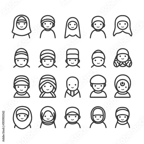 Set of 20 Diverse Line Icons Representing People Wearing Headwear