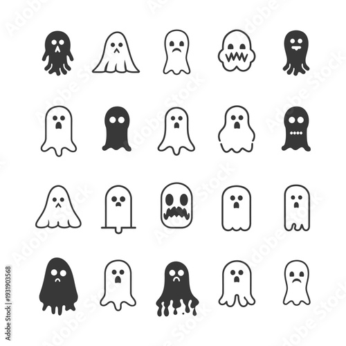 Set of 20 Ghost Icons in Various Expressions