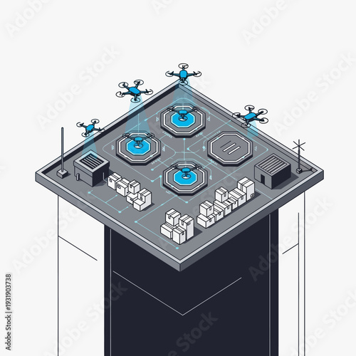 Futuristic Drone Launchpad on Skyscraper Rooftop.