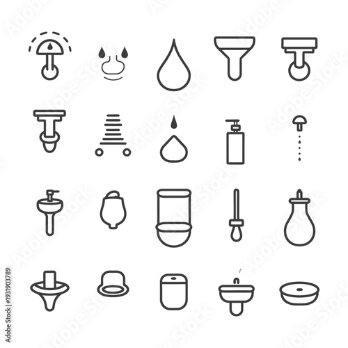 Set of 20 Line Icons Representing Plumbing and Bathroom Fixtures