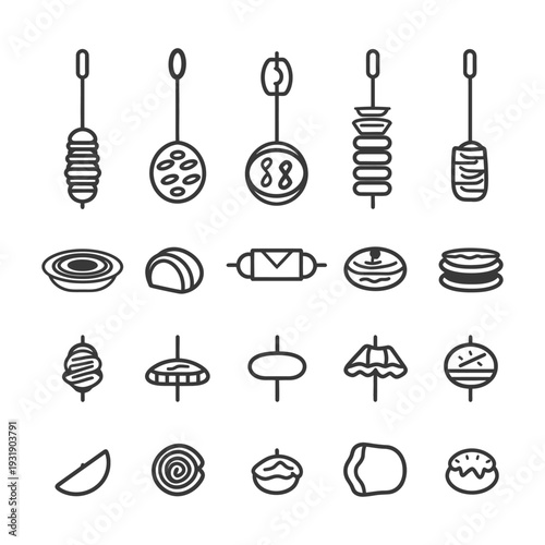 Set of 20 Line Icons of Various Food on Skewers and in Dishes