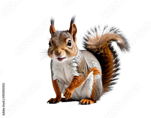 Squirrel in motion with fluffy tail and curious expression, full body
