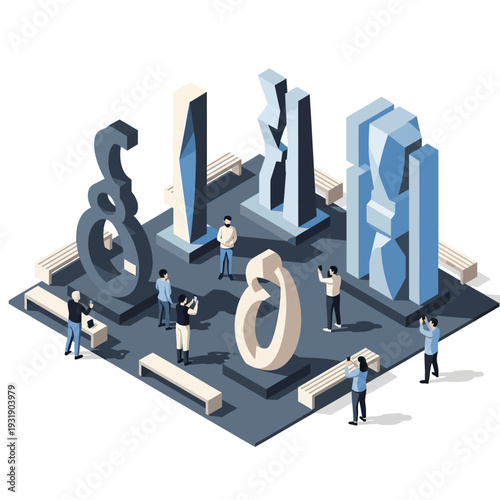 Isometric Art Gallery Exhibition with Modern Sculptures and Visitors.