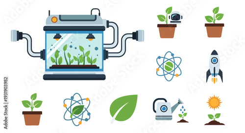 Innovative Plant Growth Chamber and Scientific Icons Set.