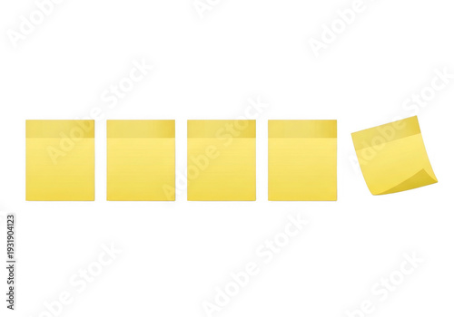 Five yellow sticky notes aligned in a row with one slightly detached