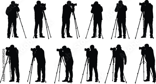 photographer, camera, tripod, silhouette, photography, people, photographer, shooting, photo, professional, equipment, black, vector, isolated, set, studio, media, creative, work, illustration