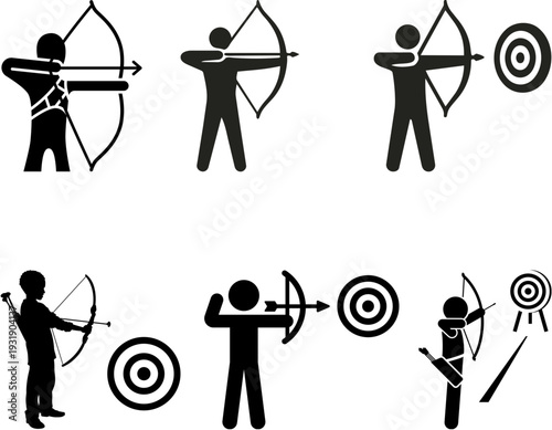 A collection of black silhouette icons depicting various poses and actions of archers with bows, arrows, and targets, illustrating the sport of archery.