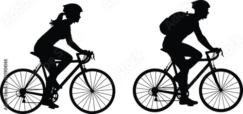 Silhouette of two cyclists riding bicycles side by side bike cycling riders