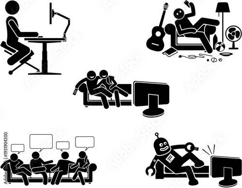 Stick figures depicting various leisure and work activities including computing, relaxing, watching TV, socializing, and a robot enjoying entertainment.