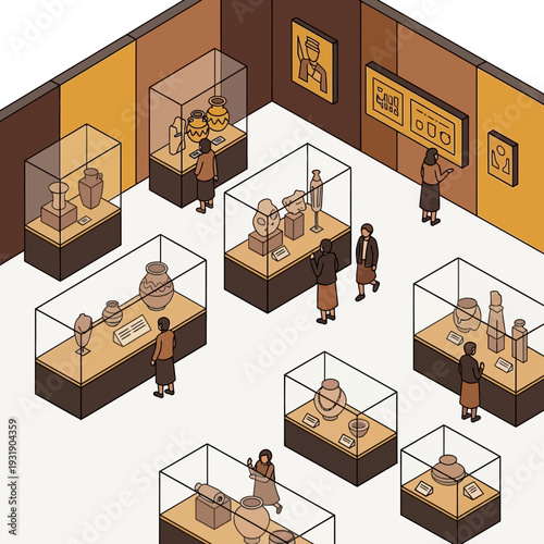 Isometric Museum Exhibition with Visitors Viewing Artifacts in Display Cases.