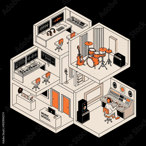 Isometric Music School Building with Recording Studios and Practice Rooms.