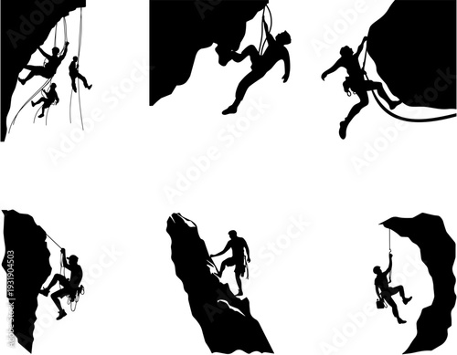 Collection of black silhouettes depicting various rock climbers in action on steep cliffs and mountains.