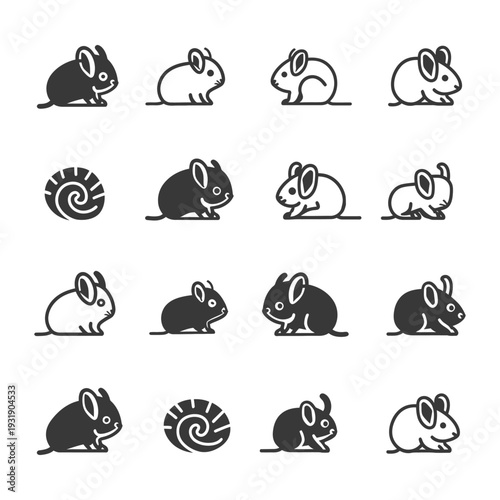 Set of black and white chinchilla icons in various poses