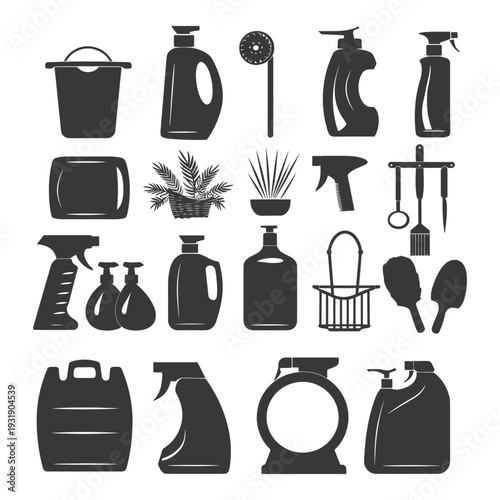 Set of Black and White Cleaning Supplies Icons