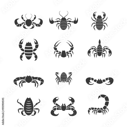 Set of Black and White Crab and Scorpion Silhouettes