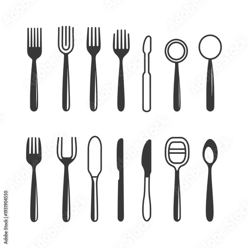Set of Black and White Cutlery Icons