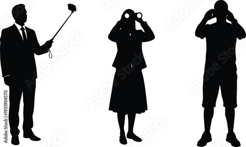 Silhouettes of people using camera phone binoculars and smartphone woman