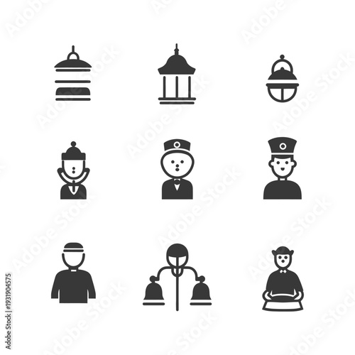 Set of Black and White Icons Featuring People in Various Professions and Situations