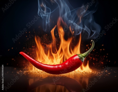 hot red chili pepper on fire flames and smoke background ultra realistic photography