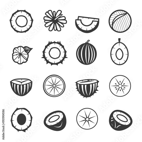 Set of black and white icons of tropical fruits