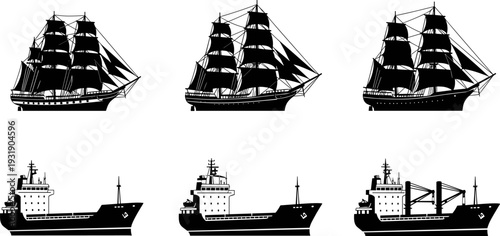 Black silhouette collection of historical wooden sailing ships with multiple masts and modern industrial cargo vessels isolated on white background for maritime and shipping design