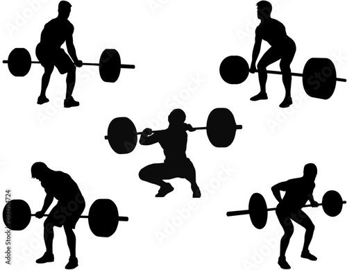 Silhouettes of men performing various weightlifting exercises including deadlifts and squats, illustrating different stages of strength training.