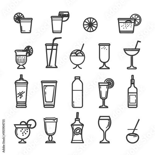 Set of Black and White Outline Icons of Different Drinks
