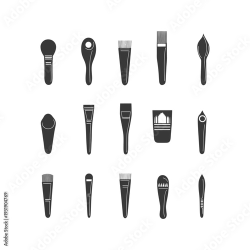 Set of Black and White Paintbrush and Makeup Brush Icons