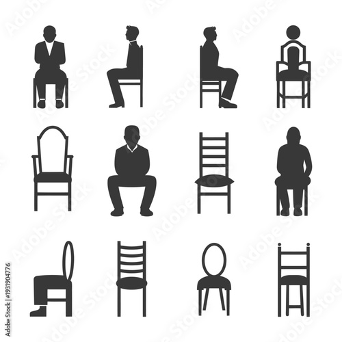 Set of Black and White Silhouette Icons of People Sitting on Chairs