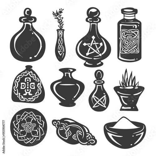 Set of Black and White Potion Bottles, Vases, and Bowls
