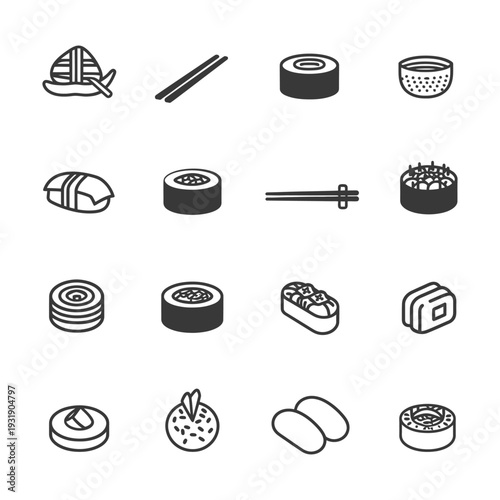 Set of Black and White Sushi Icons