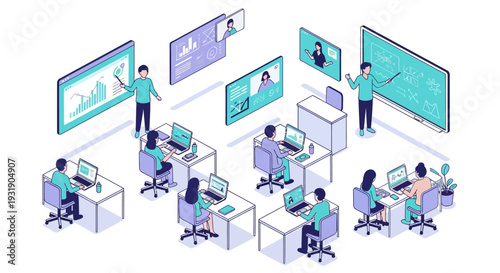 Modern Office Space with Remote Collaboration and Video Conferencing.