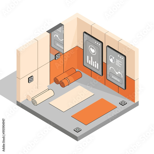 Modern Yoga Studio with Digital Displays and Equipment.