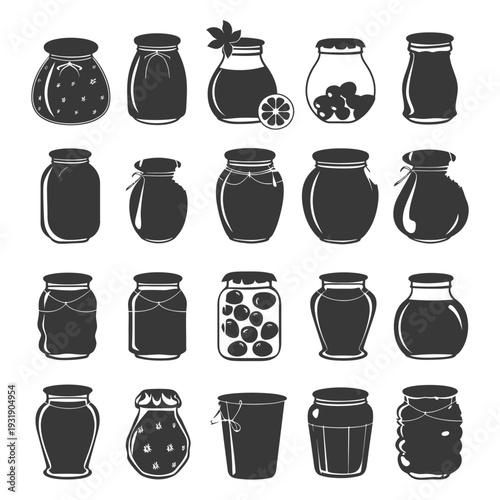 Set of Black Silhouettes of Glass Jars with Homemade Preserves