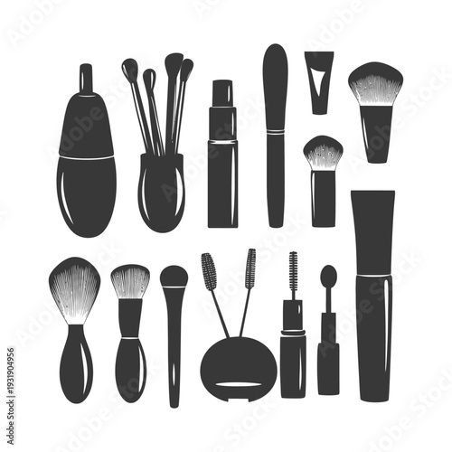 Set of Black Silhouettes of Makeup Brushes and Products