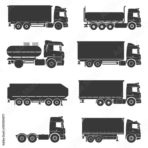 Set of Black Silhouettes of Different Types of Trucks