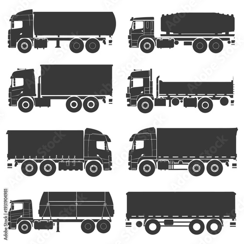 Set of Black Silhouettes of Different Types of Semi-trailer Trucks