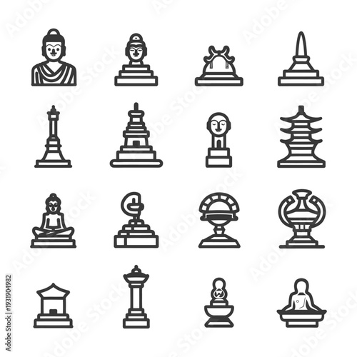 Set of Buddhist and Asian Religious Architecture Icons
