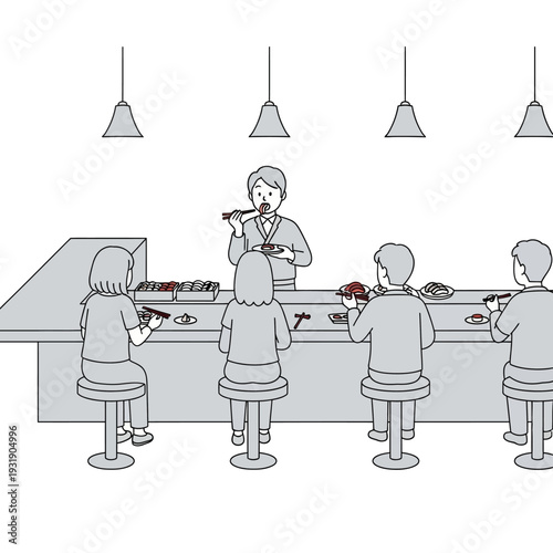 People eating at a sushi bar with a chef preparing food.