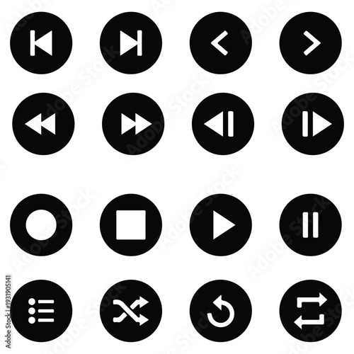 Flat black circular media player icons set for music and video interface, including play, pause, stop, shuffle, and skip buttons