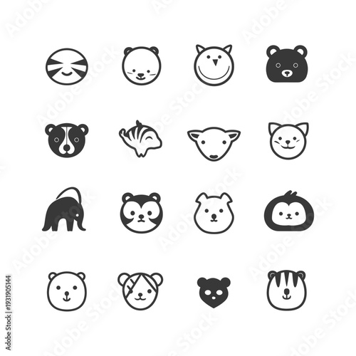 Set of Cute Animal Faces in Various Styles
