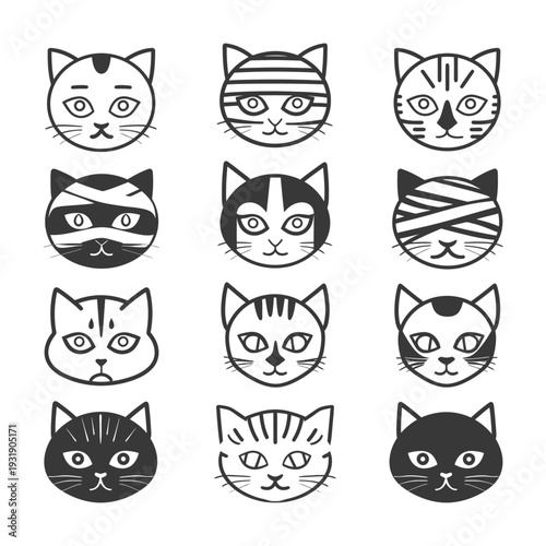 Set of cute black and white cat faces with different expressions