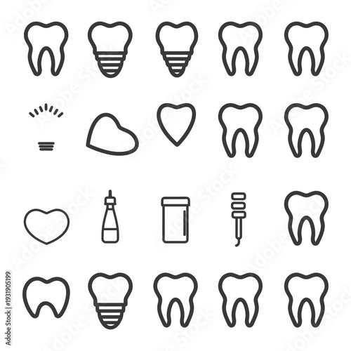 Set of Dental Icons Including Teeth, Implant, and Dental Tools